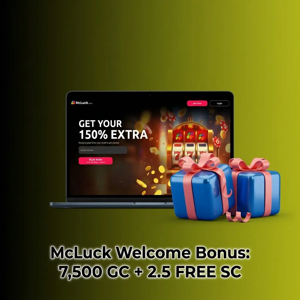 McLuck welcome bonus offer showing 7,500 Gold Coins and 2.5 Free Sweeps Coins for new US players, no purchase required